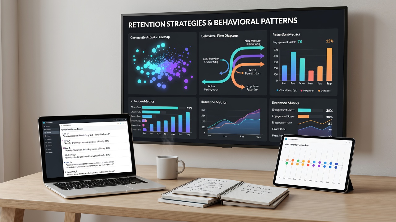 Dashboard showing cohort analysis and churn prediction models for online community management